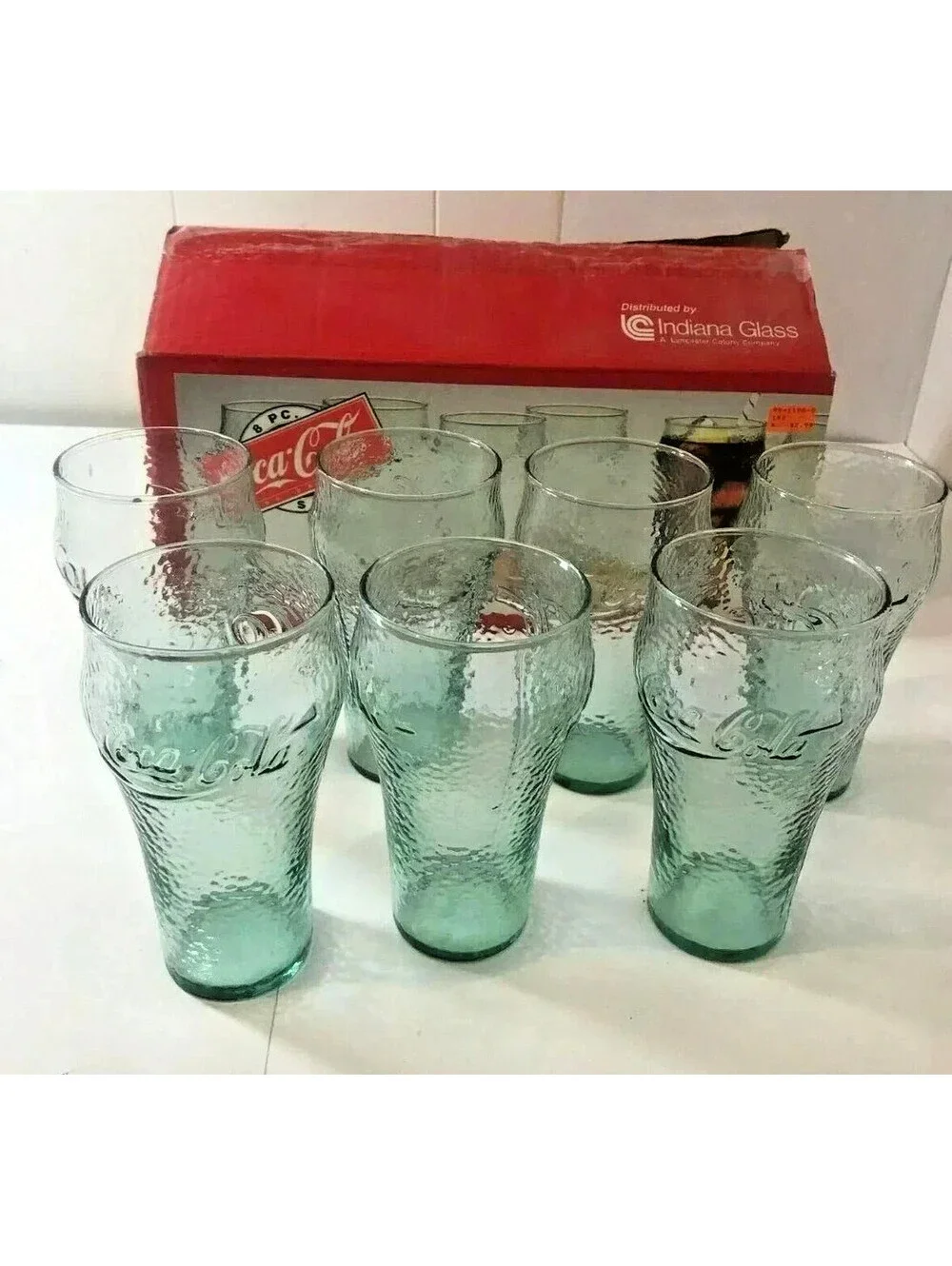 Vtg Indiana Glass Coca Cola Georgia Green Pebble Bell 16oz Glasses Set of 7 Box